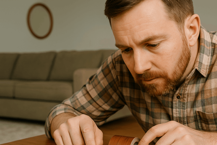 Man working with dark wood tape on a table