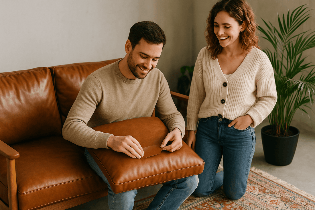 Couple smiling while patching a leather seat cushion from their couch