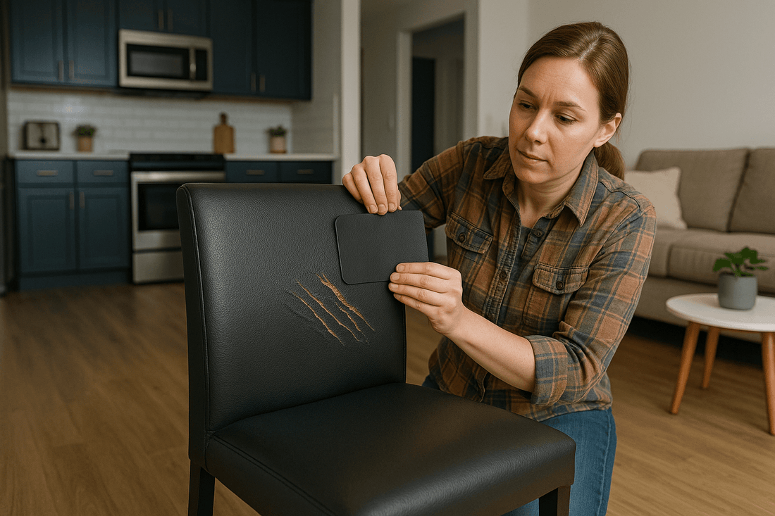 Woman patching a faux leather chair that is black in color