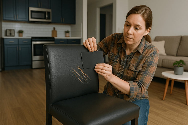 Woman repairing a torn black leather chair with a patch in a working-class modern home, featuring a neutral-toned living room and kitchen in the background.