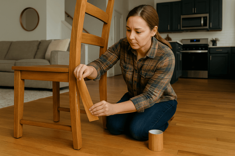 A woman kneels on a hardwood floor in a modern kitchen, carefully applying wood grain repair tape to a scratched wooden chair leg.