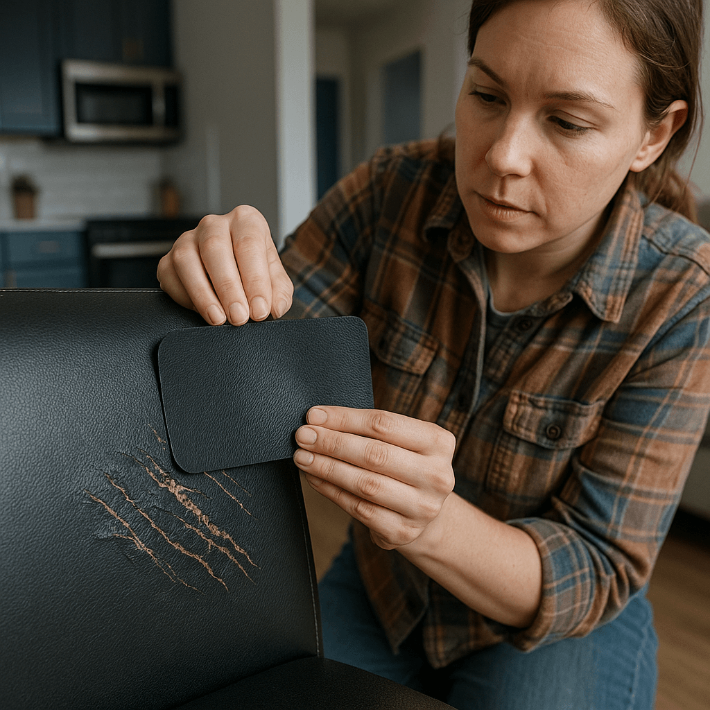 A woman in a plaid shirt applies a black leather patch to a scratched dining chair in a cozy, modern kitchen with navy cabinets and wood flooring.
