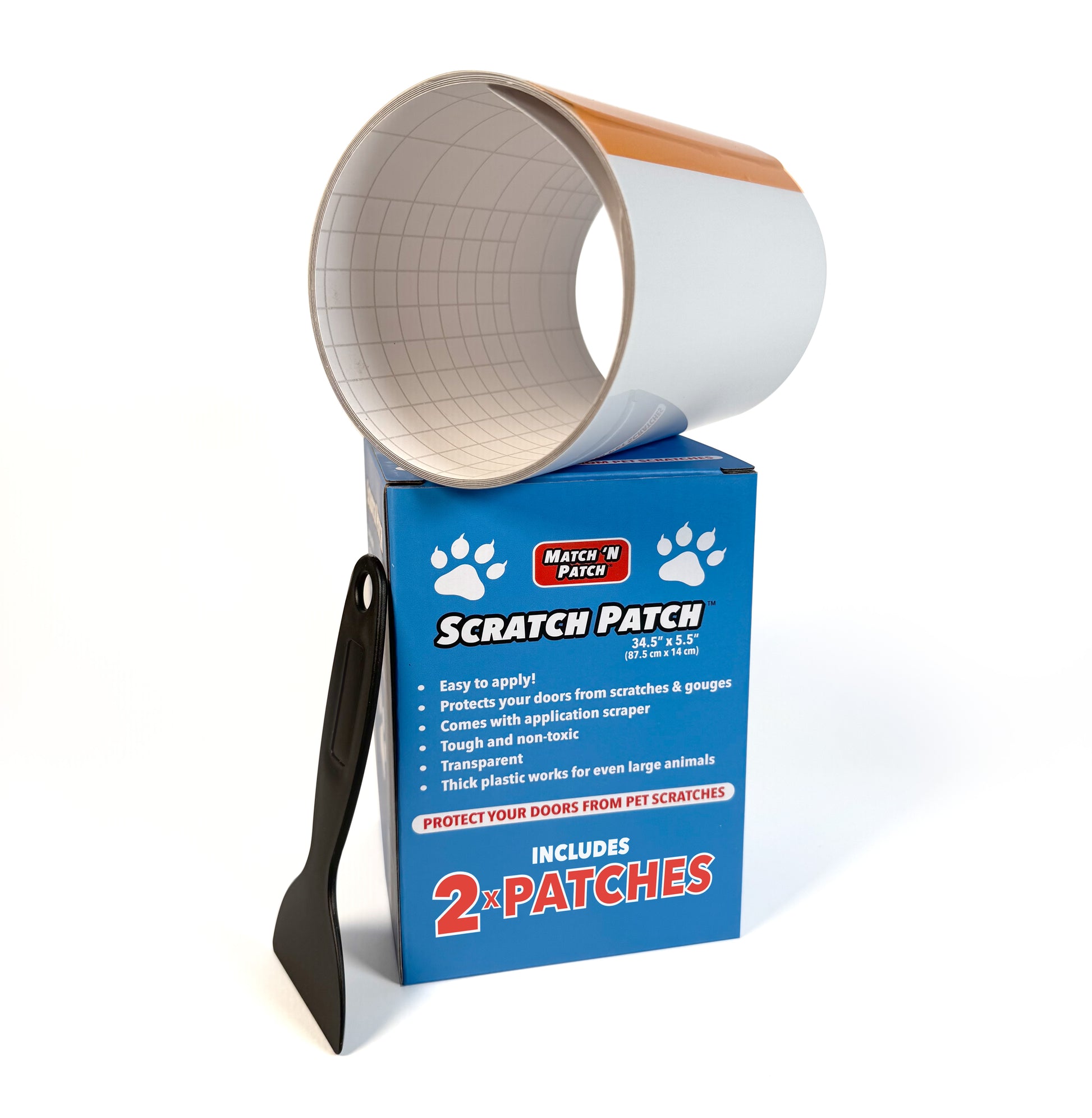 A package of Scratch Patch Door Protector with one transparent patch visible, alongside an application scraper, against a blue background with product information.